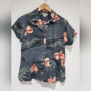 Tommy Bahama Silk Hawaiian button down shirt steel blue w peach flowers size S